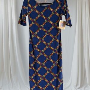 LuLaRoe Navy and Yellow Geometric Midi Dress